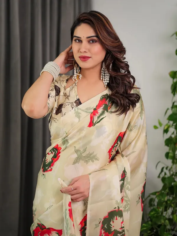 Ivory Floral Satin Saree with Unstitched Blouse Varnavi