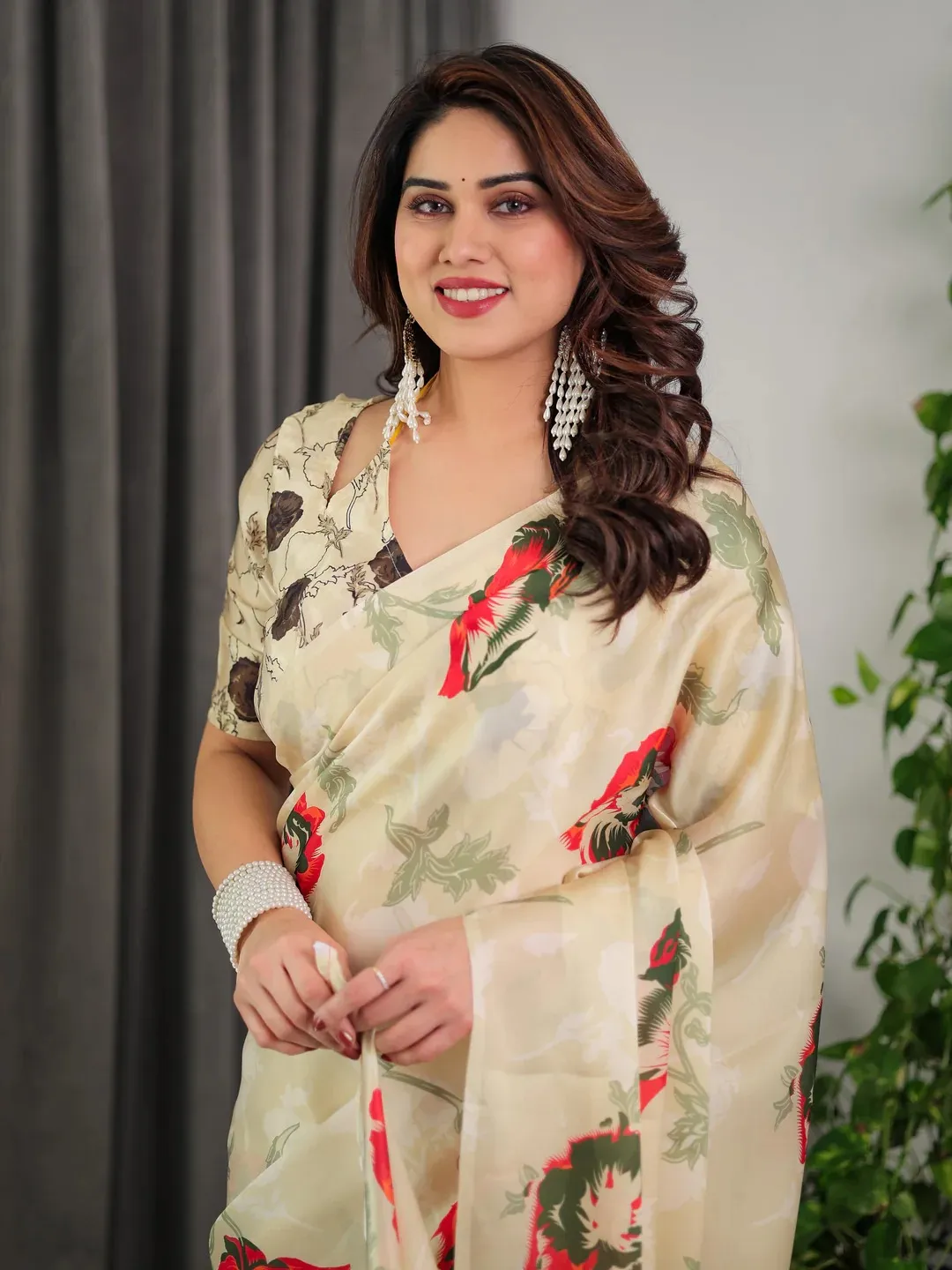 Ivory Floral Satin Saree with Unstitched Blouse Varnavi