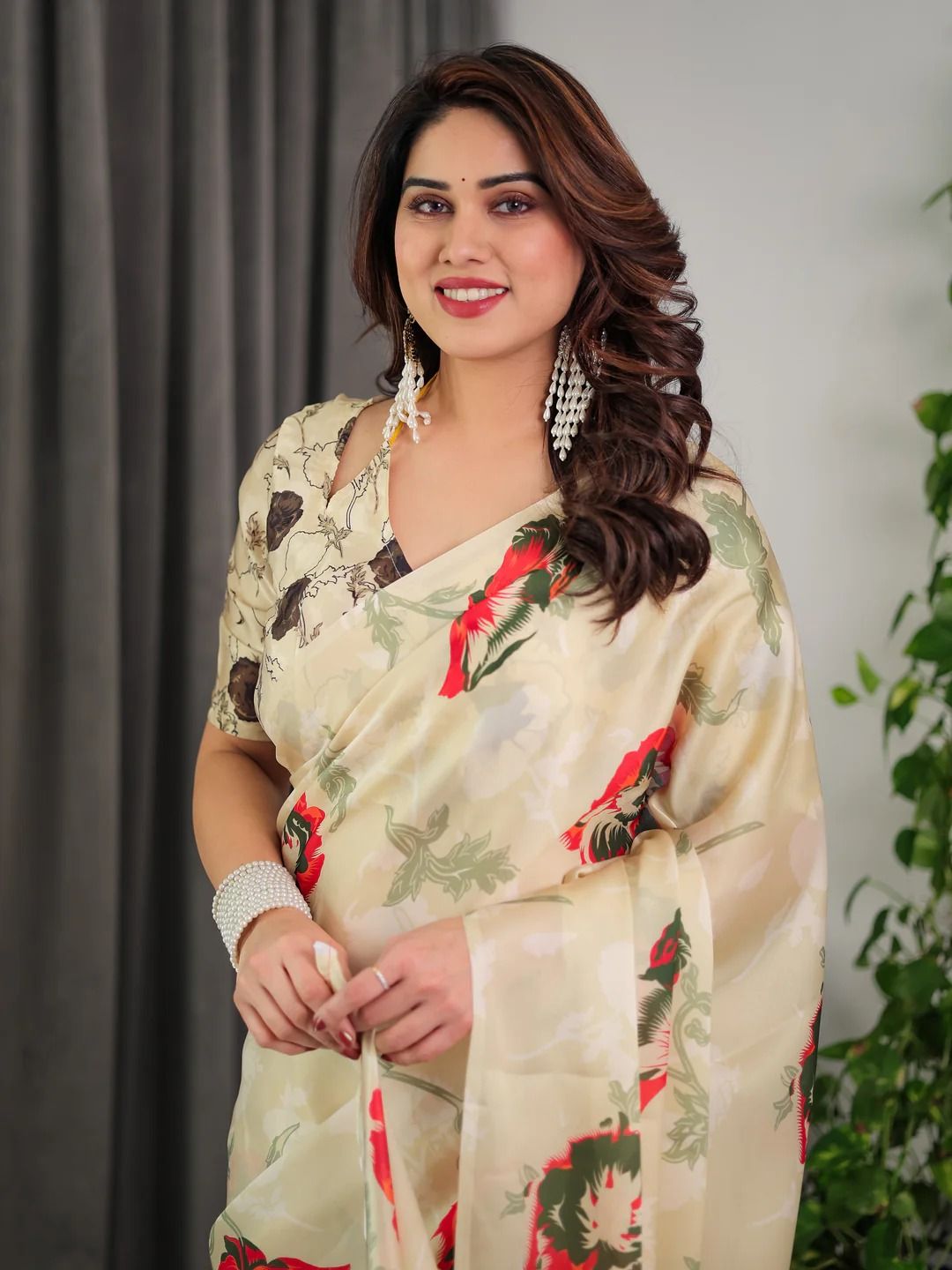 Ivory Floral Satin Saree with Unstitched Blouse Varnavi