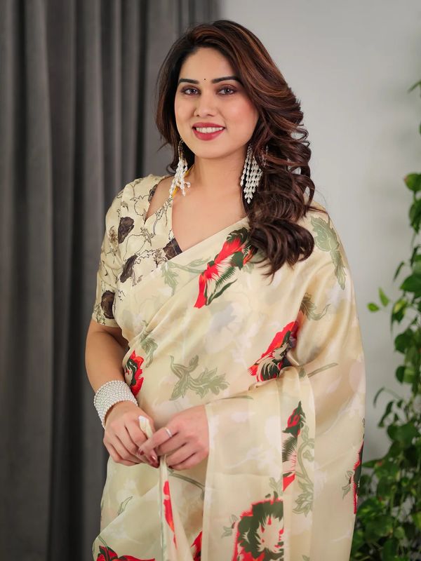 Ivory Floral Satin Saree with Unstitched Blouse Varnavi