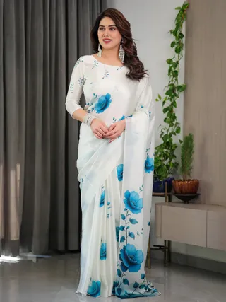 White Floral Satin Saree with Unstitched Blouse Varnavi