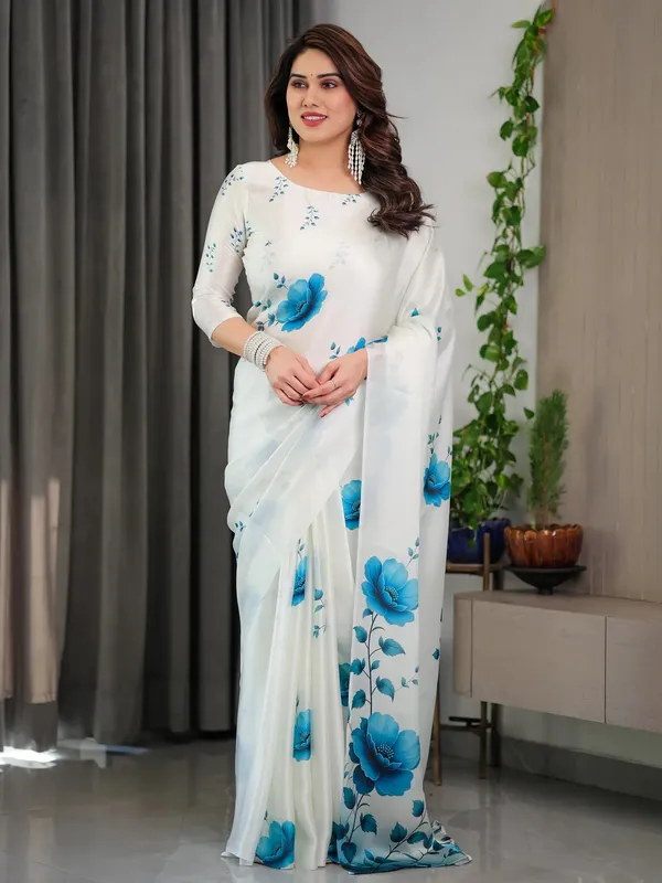 White Floral Satin Saree with Unstitched Blouse Varnavi