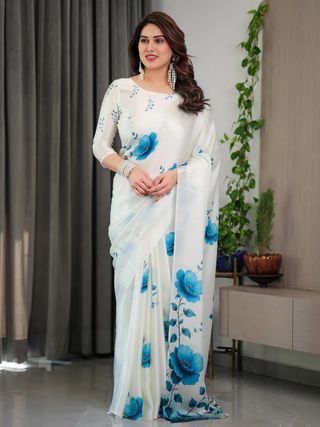 White Floral Satin Saree with Unstitched Blouse Varnavi