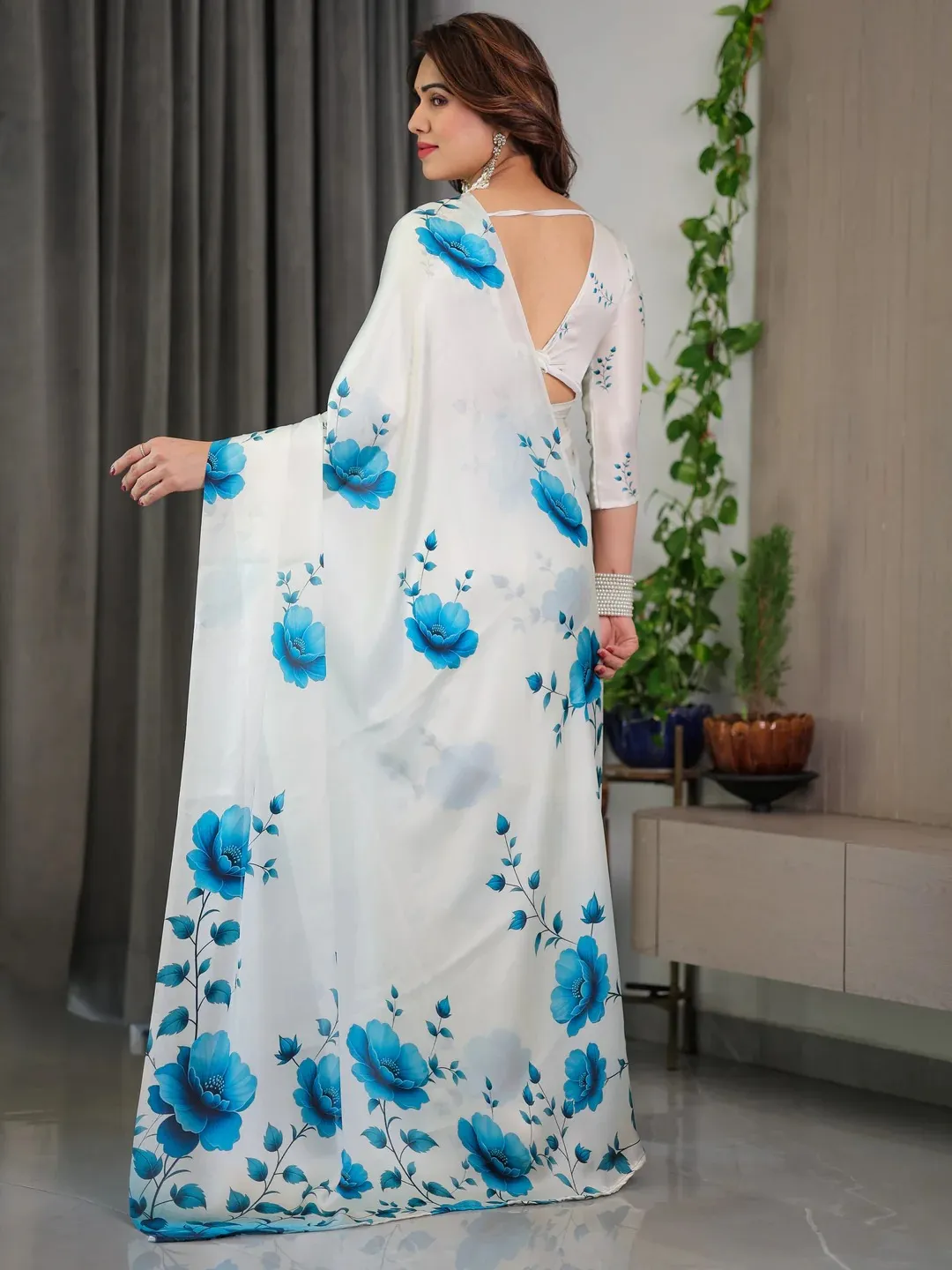 White Floral Satin Saree with Unstitched Blouse Varnavi
