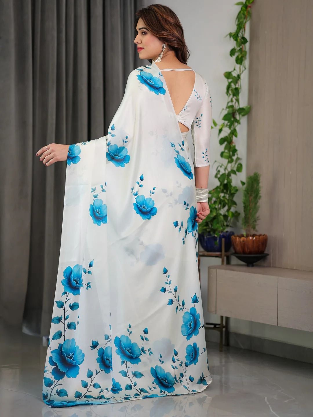 White Floral Satin Saree with Unstitched Blouse Varnavi