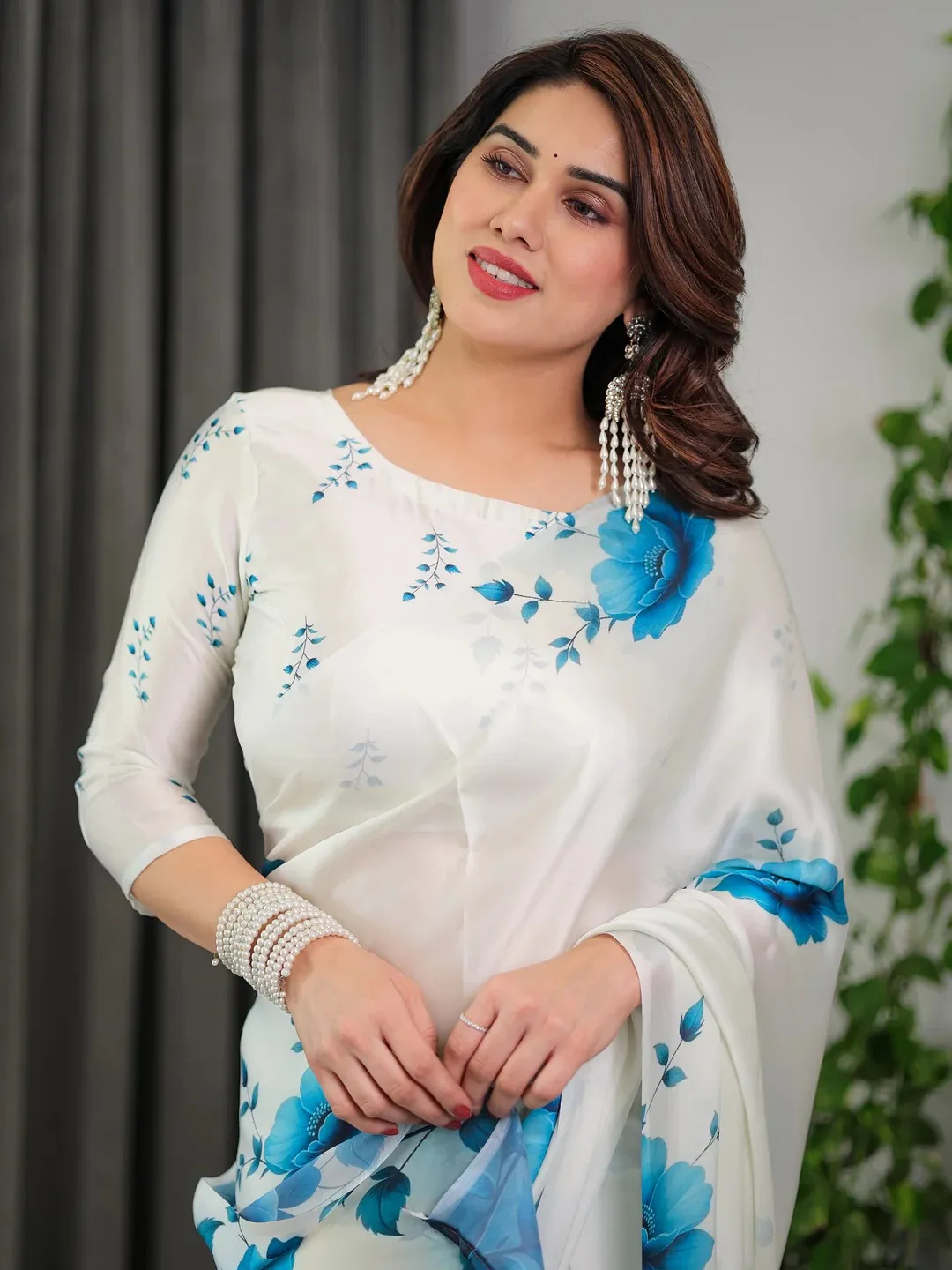 White Floral Satin Saree with Unstitched Blouse Varnavi
