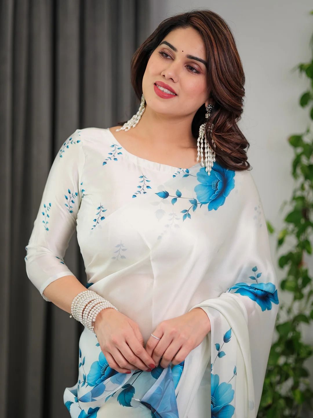 White Floral Satin Saree with Unstitched Blouse Varnavi
