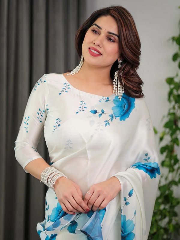 White Floral Satin Saree with Unstitched Blouse Varnavi