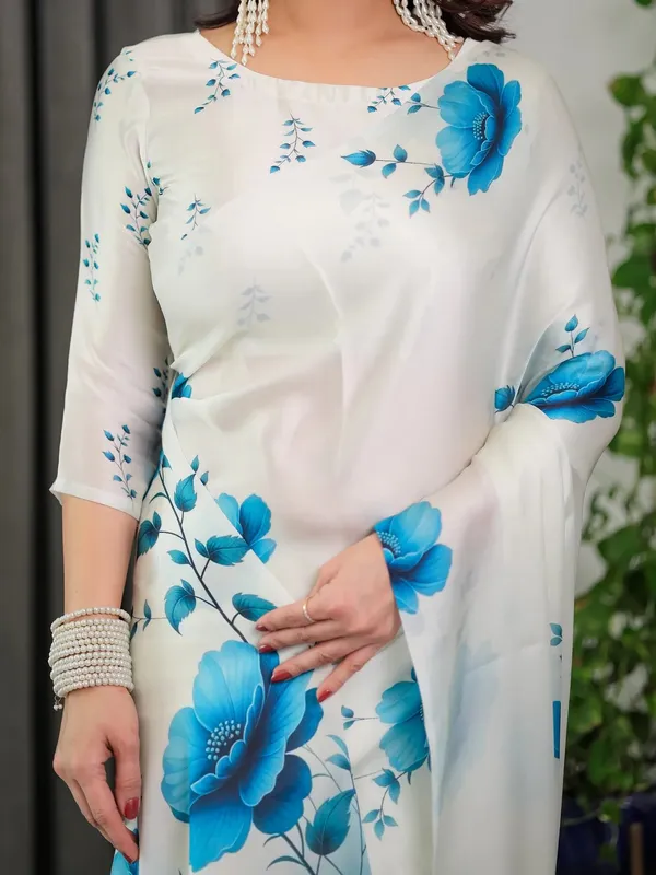 White Floral Satin Saree with Unstitched Blouse Varnavi