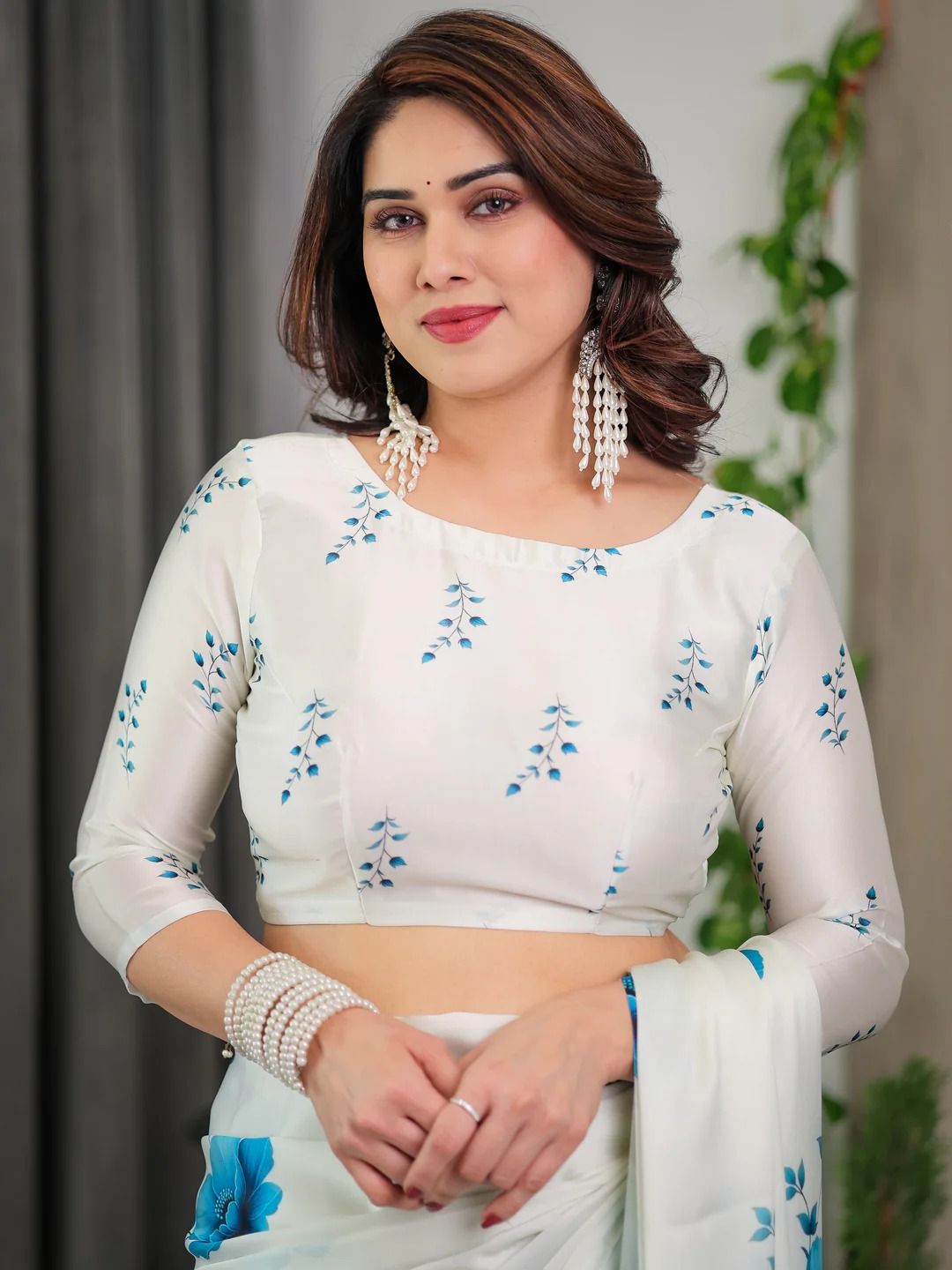 White Floral Satin Saree with Unstitched Blouse Varnavi