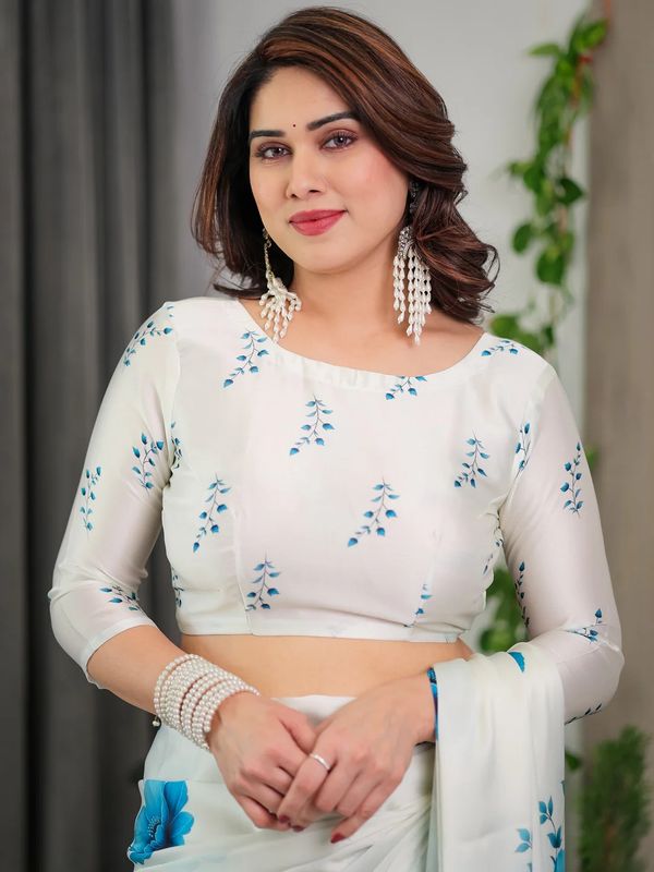 White Floral Satin Saree with Unstitched Blouse Varnavi