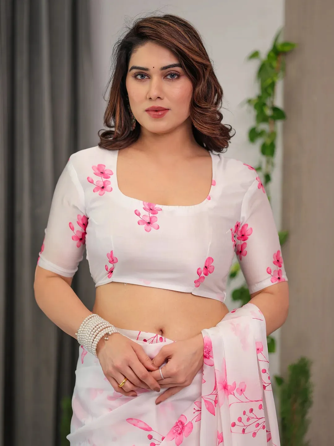 White Floral Satin Saree with Unstitched Blouse Varnavi
