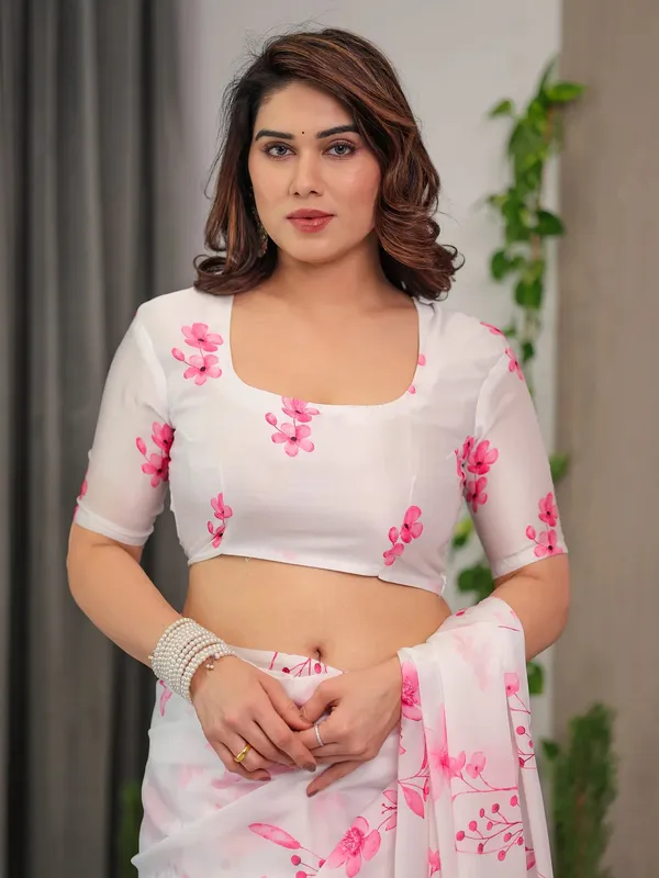 White Floral Satin Saree with Unstitched Blouse Varnavi