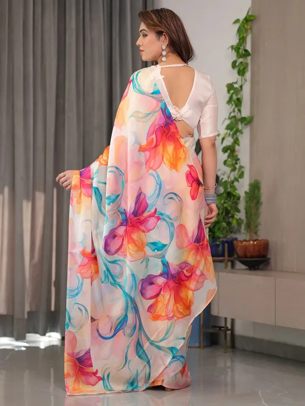White Floral Satin Saree with Unstitched Blouse Varnavi