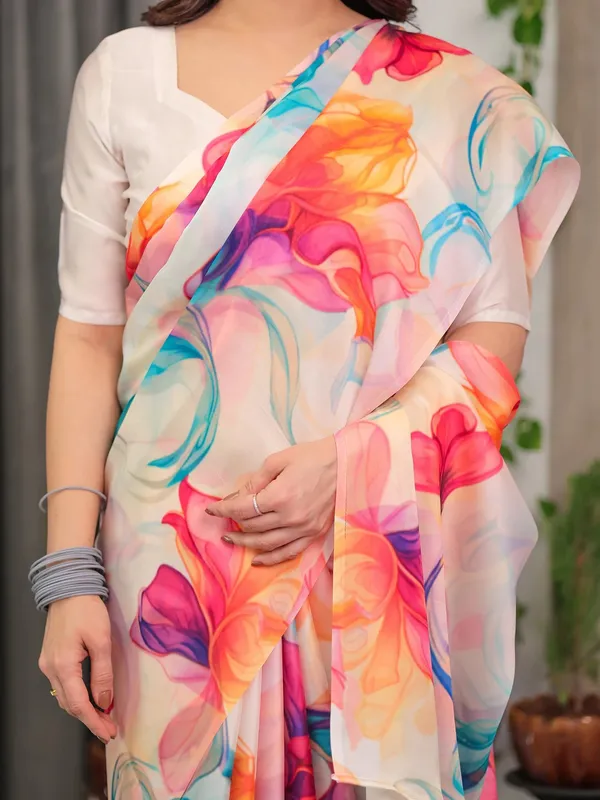 White Floral Satin Saree with Unstitched Blouse Varnavi