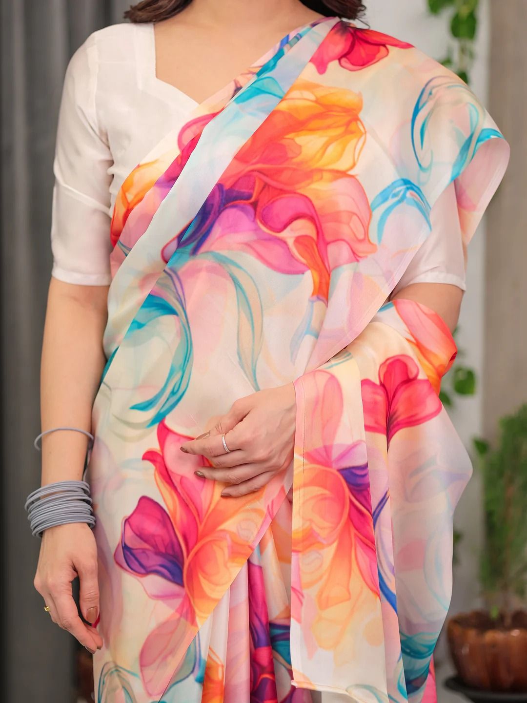 White Floral Satin Saree with Unstitched Blouse Varnavi