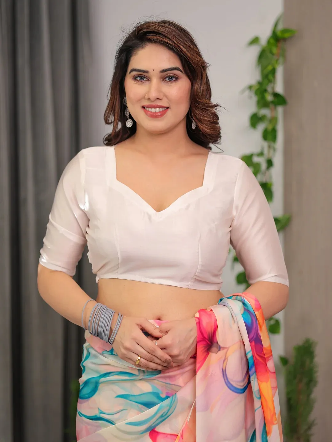 White Floral Satin Saree with Unstitched Blouse Varnavi