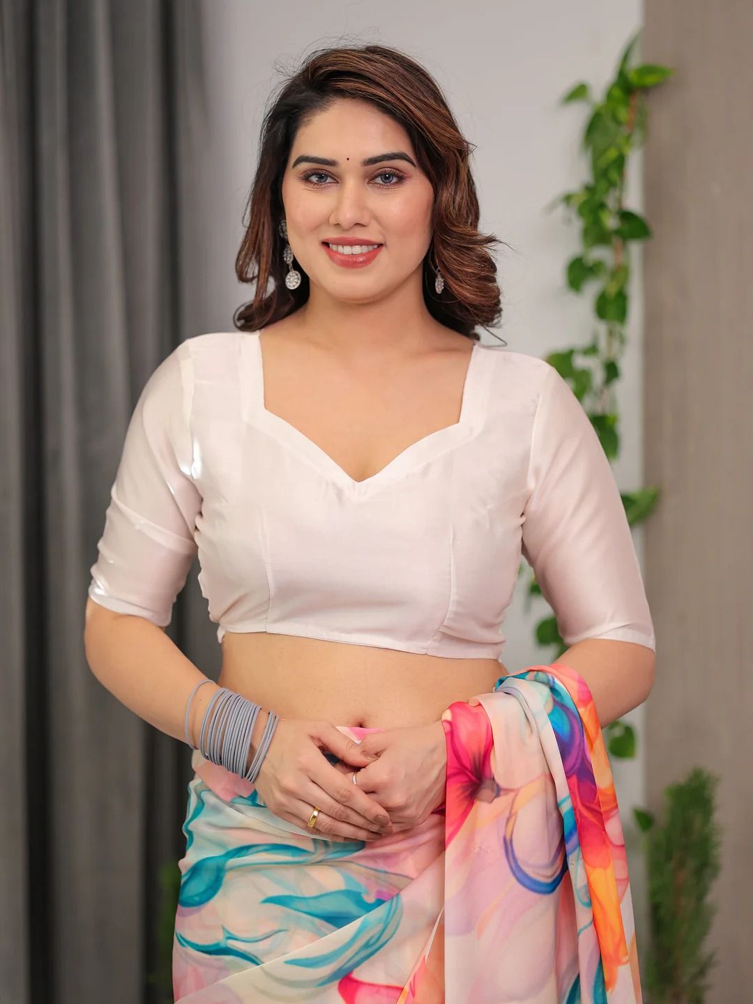 White Floral Satin Saree with Unstitched Blouse Varnavi