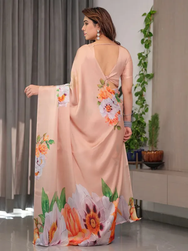 Peach Floral Satin Saree with Unstitched Blouse Varnavi