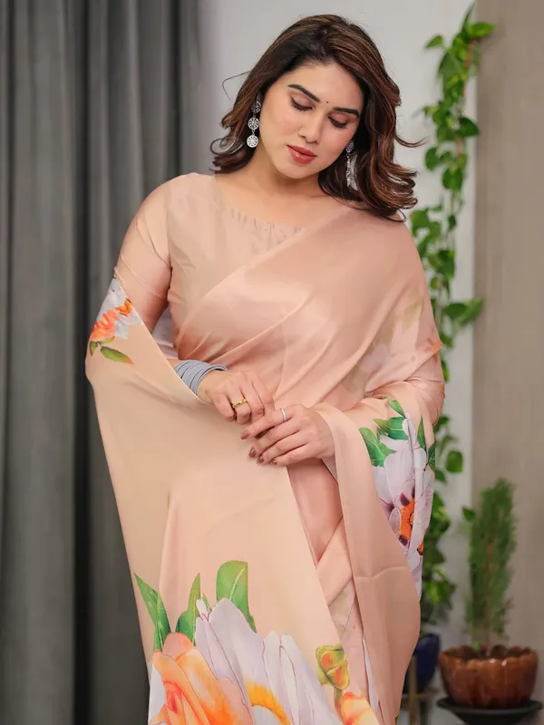 Peach Floral Satin Saree with Unstitched Blouse Varnavi