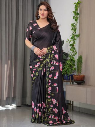 Black Floral Satin Saree with Unstitched Blouse Varnavi