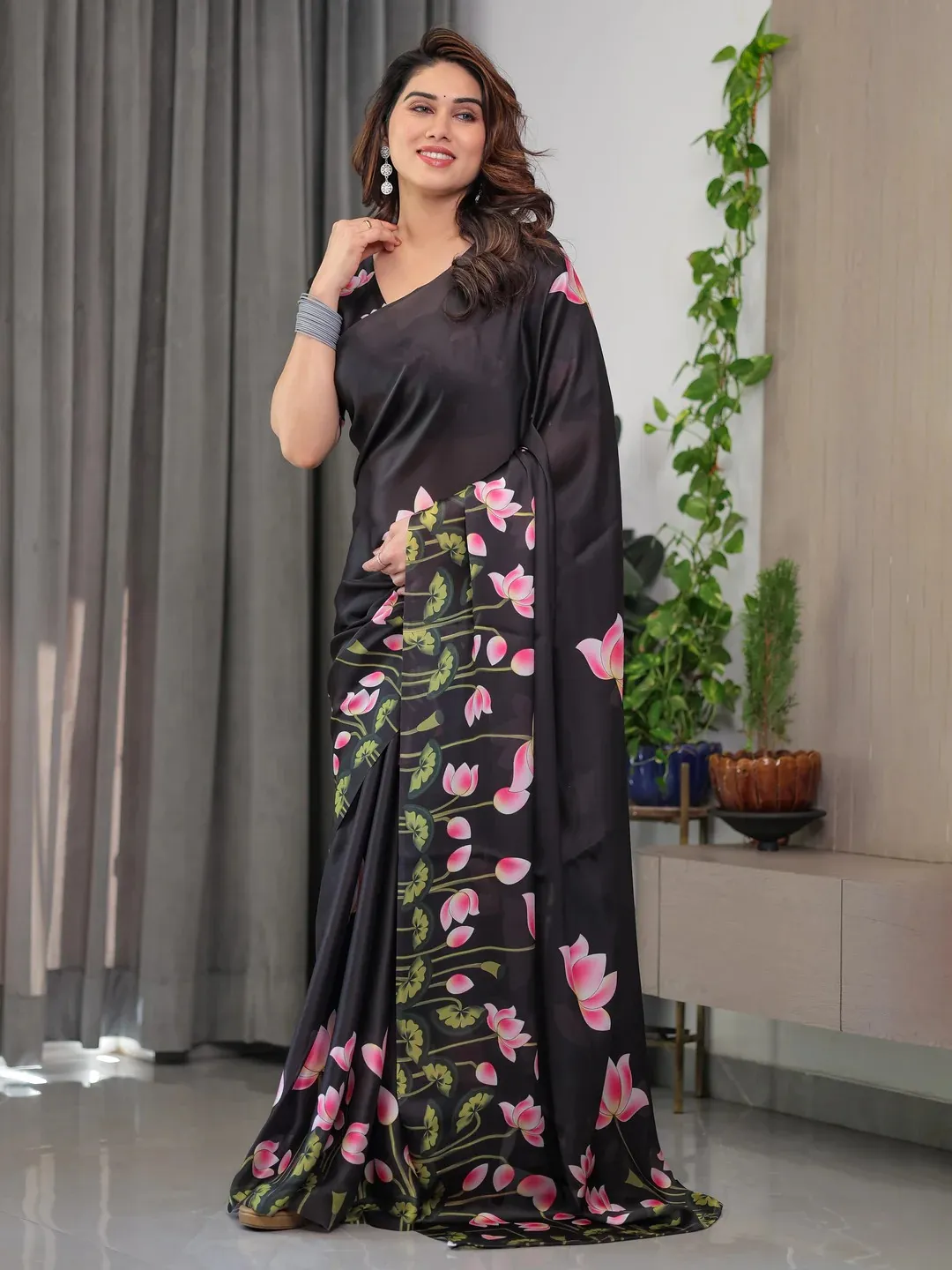 Black Floral Satin Saree with Unstitched Blouse Varnavi