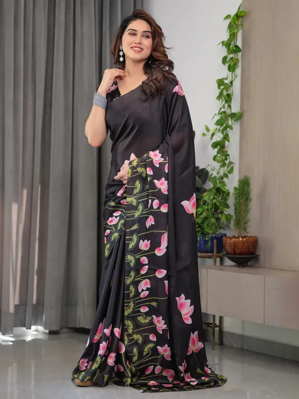 Black Floral Satin Saree with Unstitched Blouse Varnavi