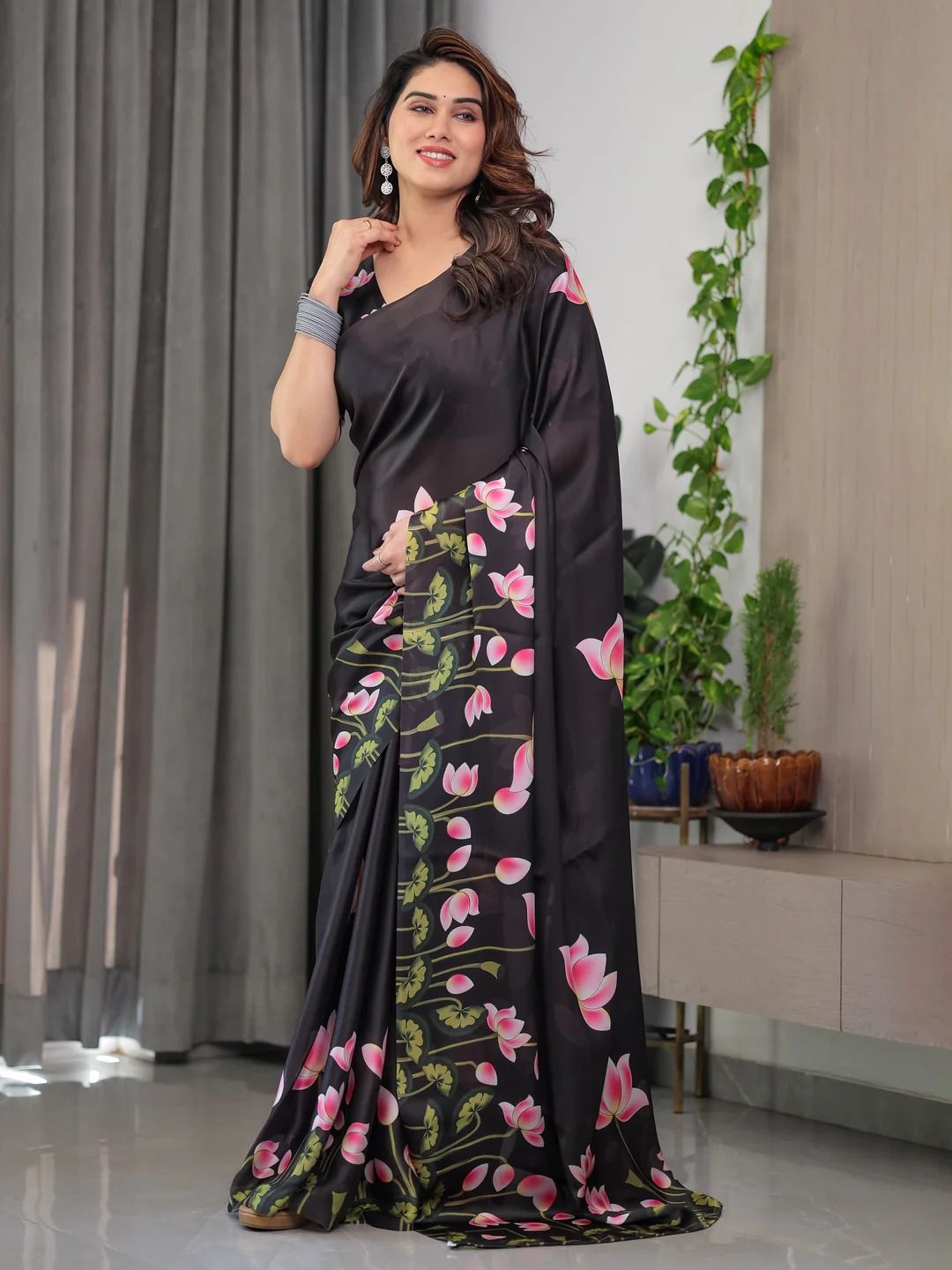 Black Floral Satin Saree with Unstitched Blouse Varnavi