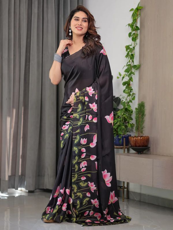 Black Floral Satin Saree with Unstitched Blouse Varnavi