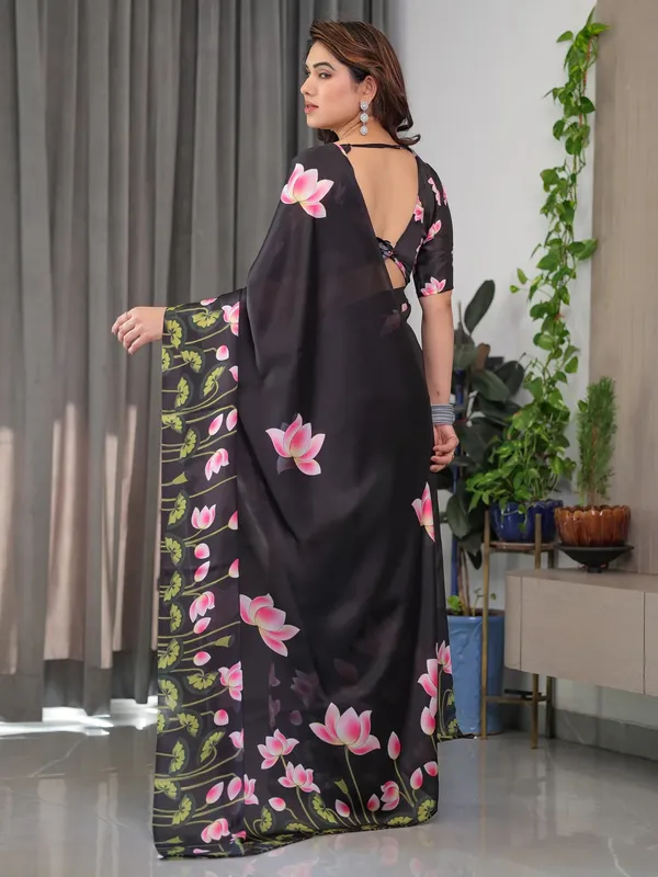 Black Floral Satin Saree with Unstitched Blouse Varnavi