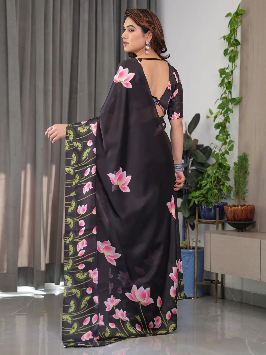 Black Floral Satin Saree with Unstitched Blouse Varnavi