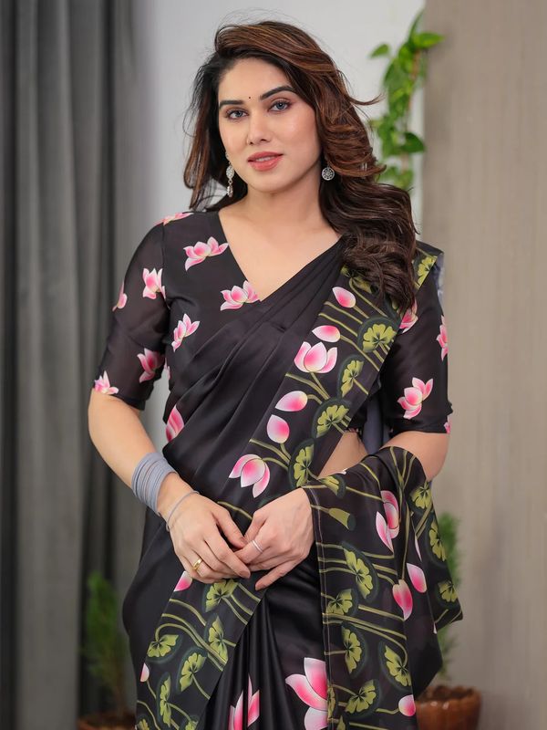 Black Floral Satin Saree with Unstitched Blouse Varnavi