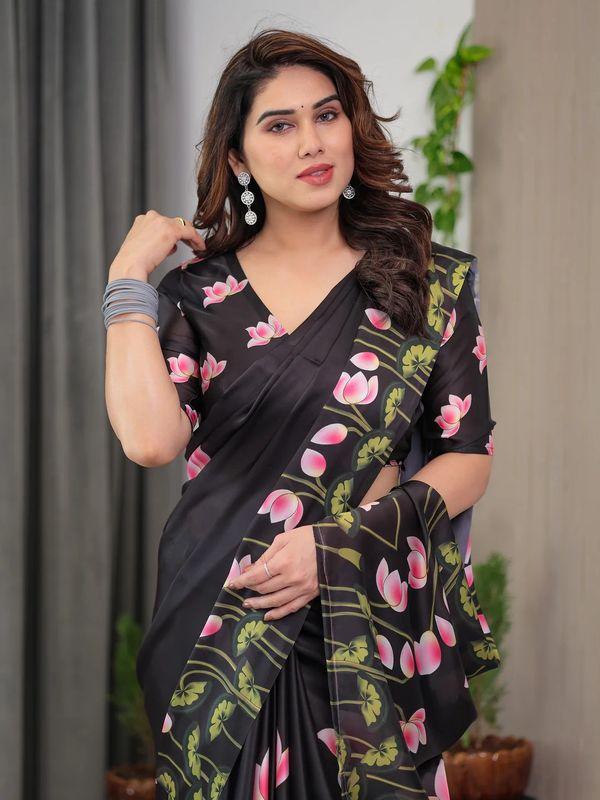 Black Floral Satin Saree with Unstitched Blouse Varnavi