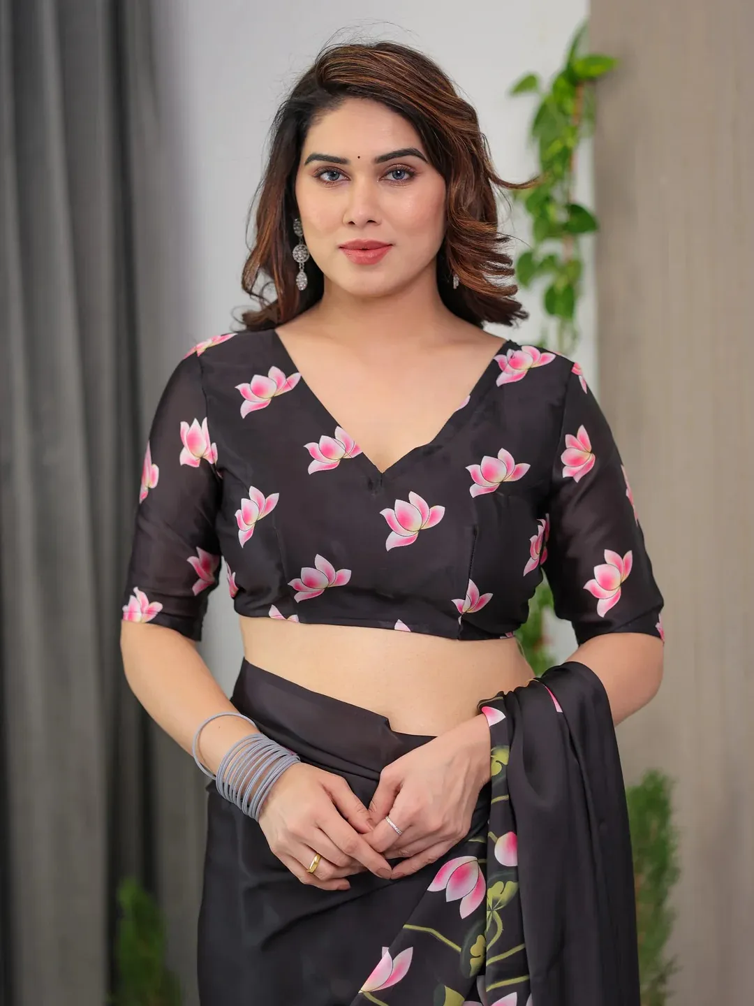 Black Floral Satin Saree with Unstitched Blouse Varnavi