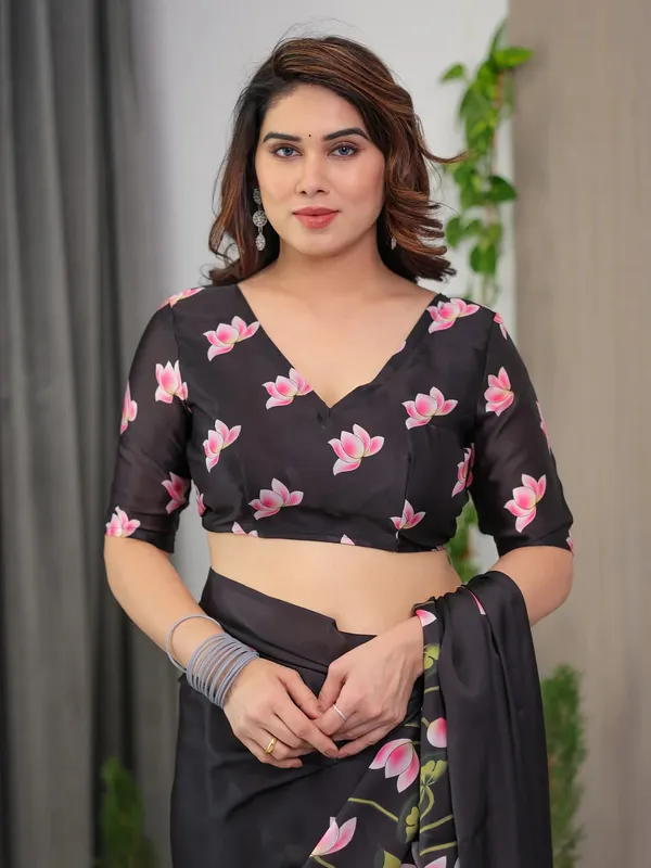 Black Floral Satin Saree with Unstitched Blouse Varnavi