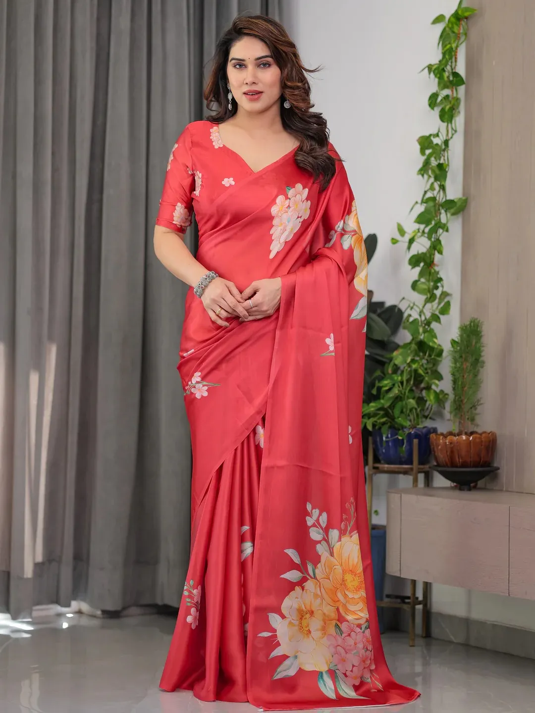 Coral Floral Satin Saree with Unstitched Blouse Varnavi
