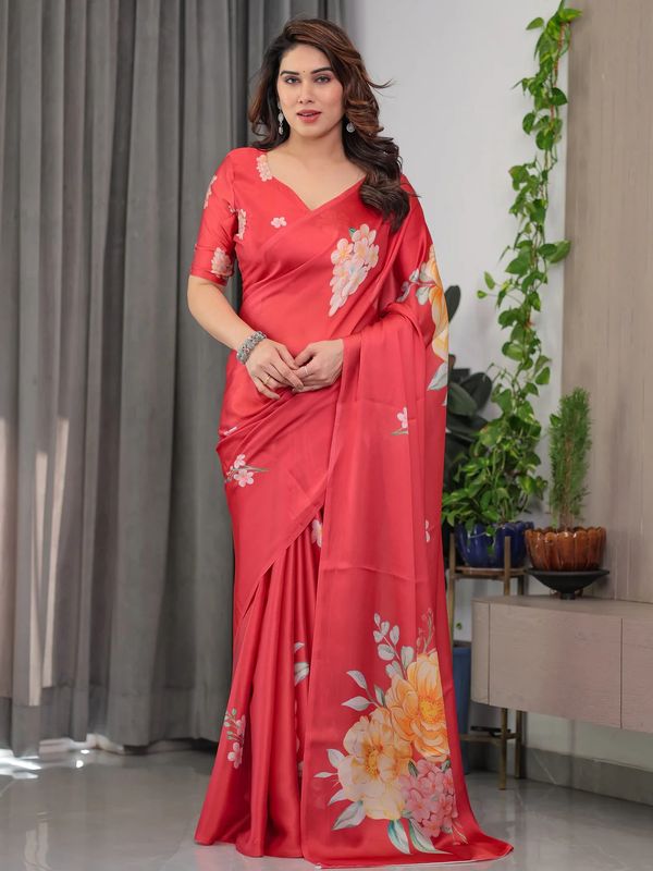 Coral Floral Satin Saree with Unstitched Blouse Varnavi