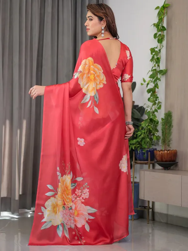 Coral Floral Satin Saree with Unstitched Blouse Varnavi