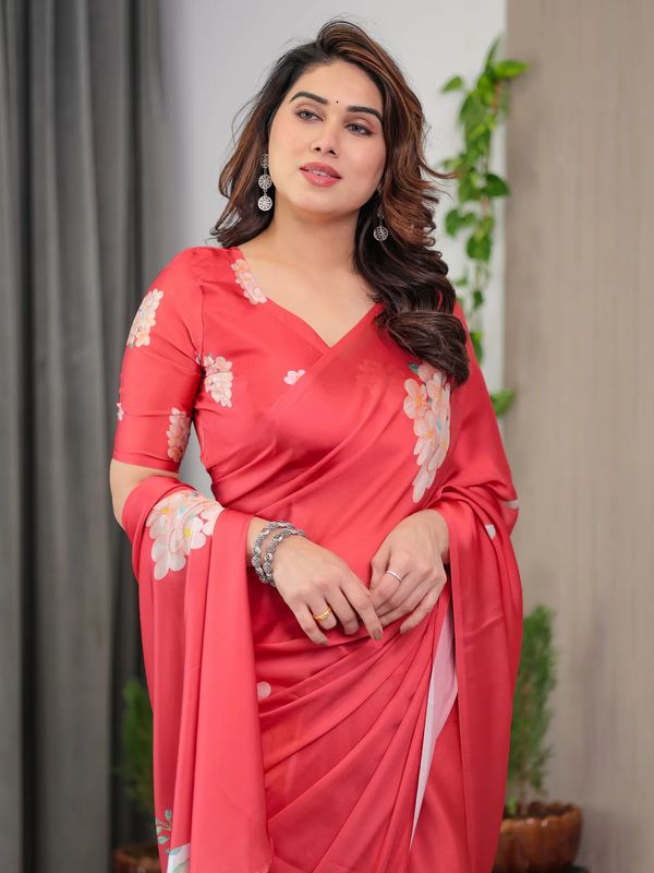 Coral Floral Satin Saree with Unstitched Blouse Varnavi