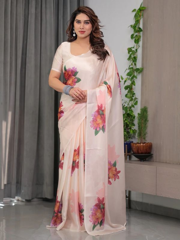 Cream Floral Satin Saree with Unstitched Blouse Varnavi