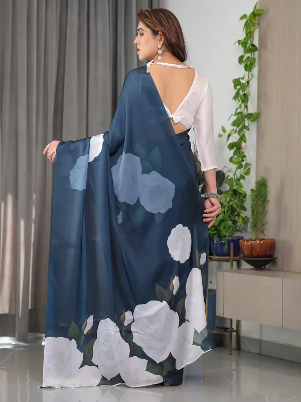 Navy Blue Floral Satin Saree with Unstitched Blouse Varnavi