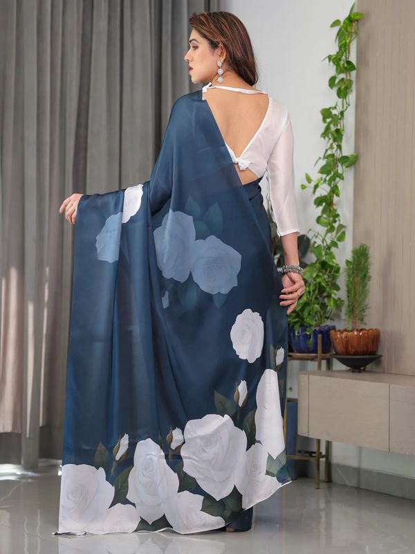 Navy Blue Floral Satin Saree with Unstitched Blouse Varnavi