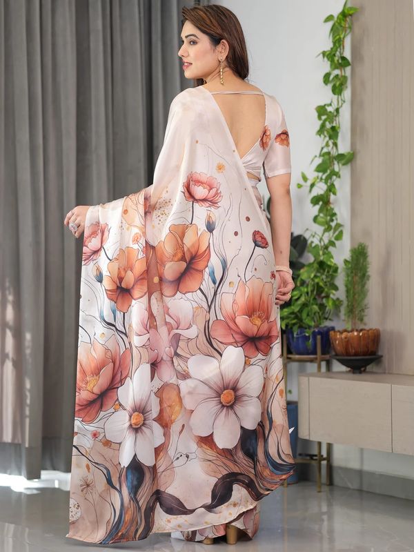 Cream Floral Satin Saree with Unstitched Blouse Varnavi