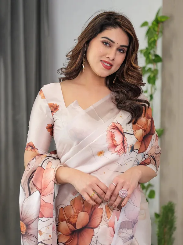 Cream Floral Satin Saree with Unstitched Blouse Varnavi