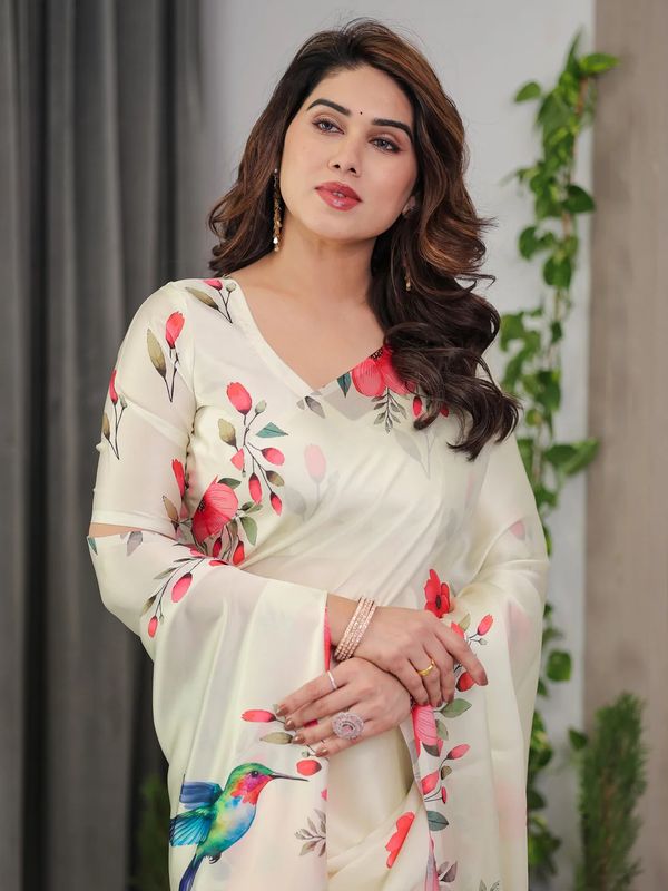 Cream Floral Satin Saree with Unstitched Blouse Varnavi