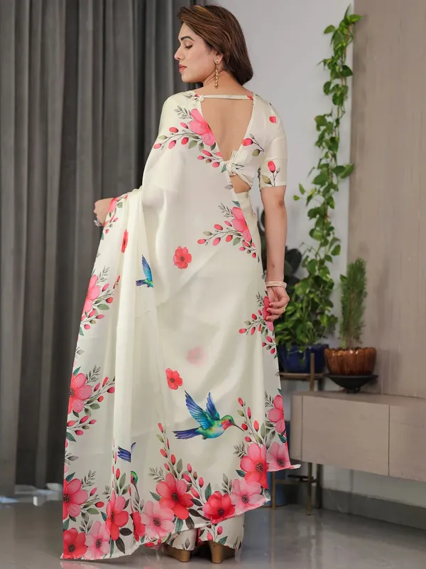 Cream Floral Satin Saree with Unstitched Blouse Varnavi