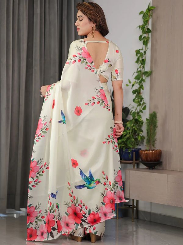 Cream Floral Satin Saree with Unstitched Blouse Varnavi