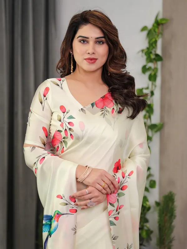 Cream Floral Satin Saree with Unstitched Blouse Varnavi