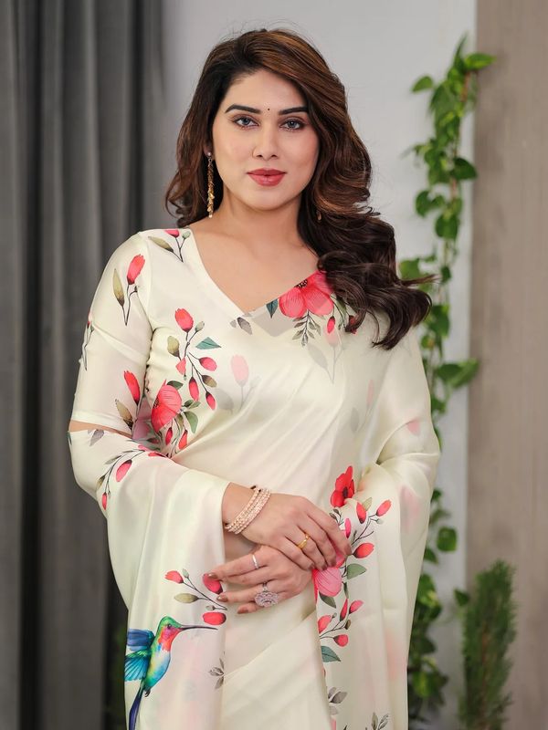 Cream Floral Satin Saree with Unstitched Blouse Varnavi
