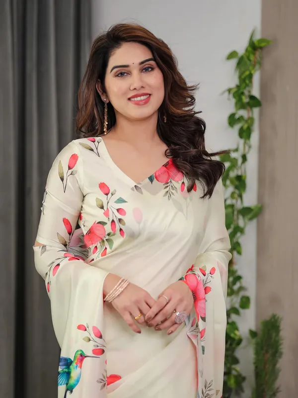 Cream Floral Satin Saree with Unstitched Blouse Varnavi